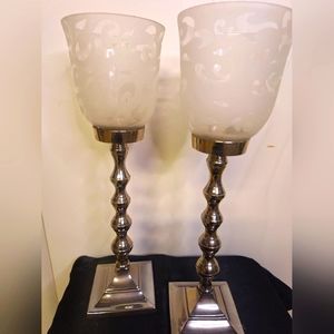 13" Candle Holders W/Etched Glass (Set of 2) Vintage